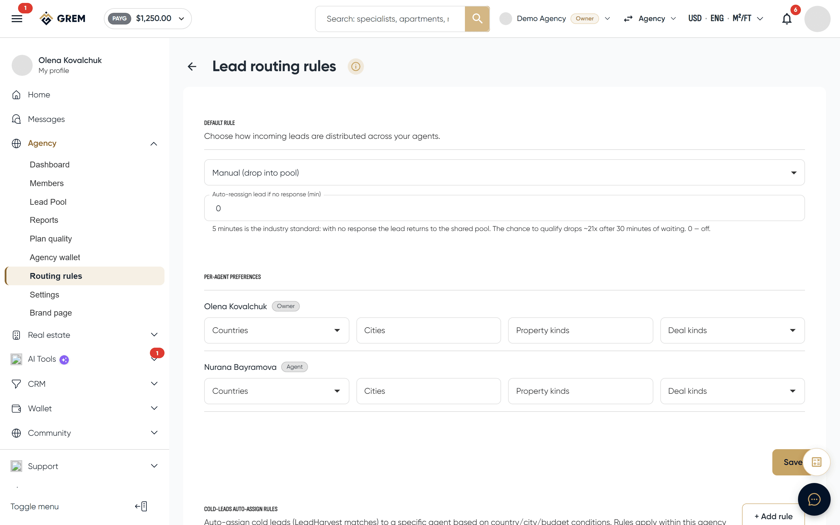 The agency lead routing rules page