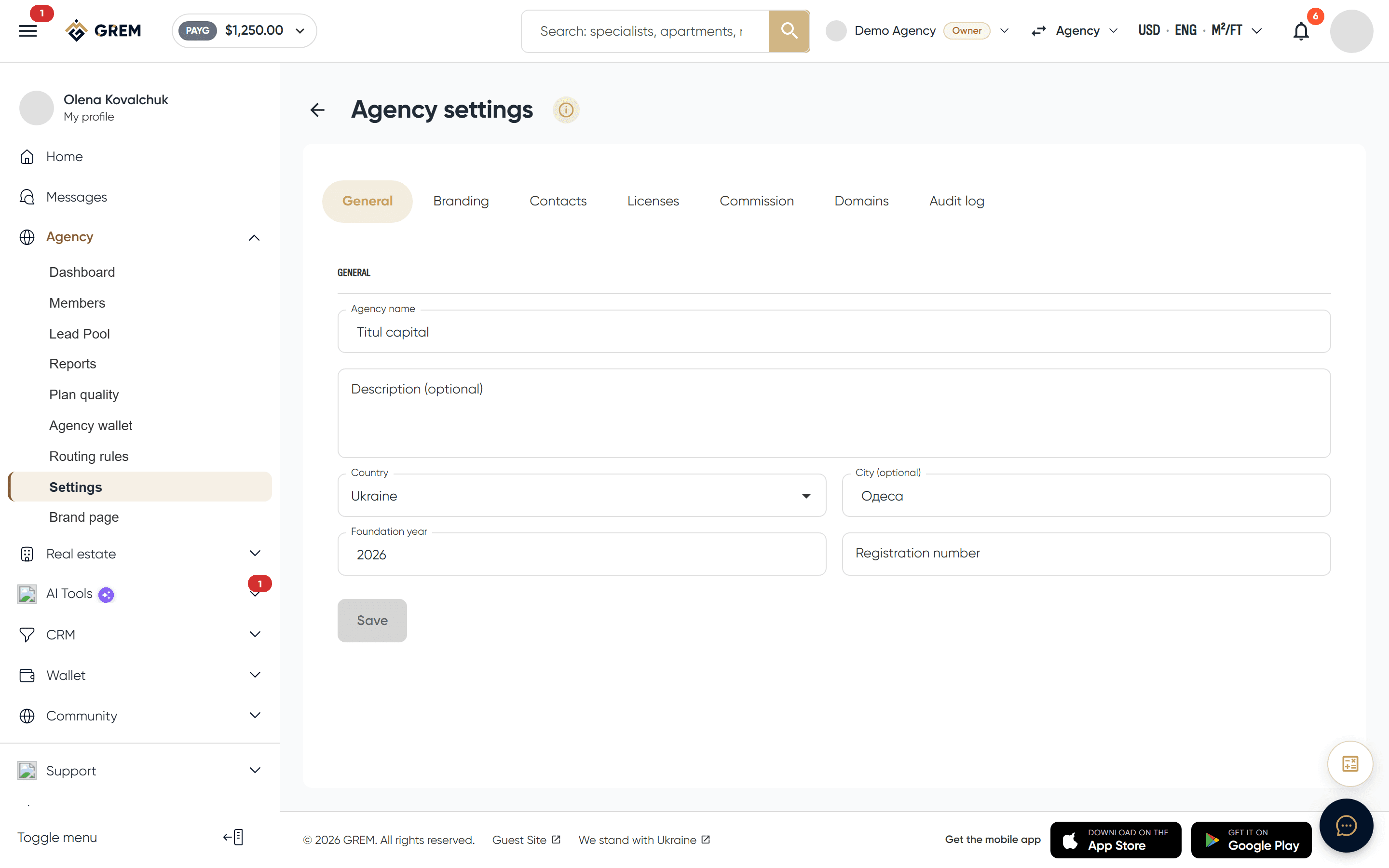 Agency settings, the General tab