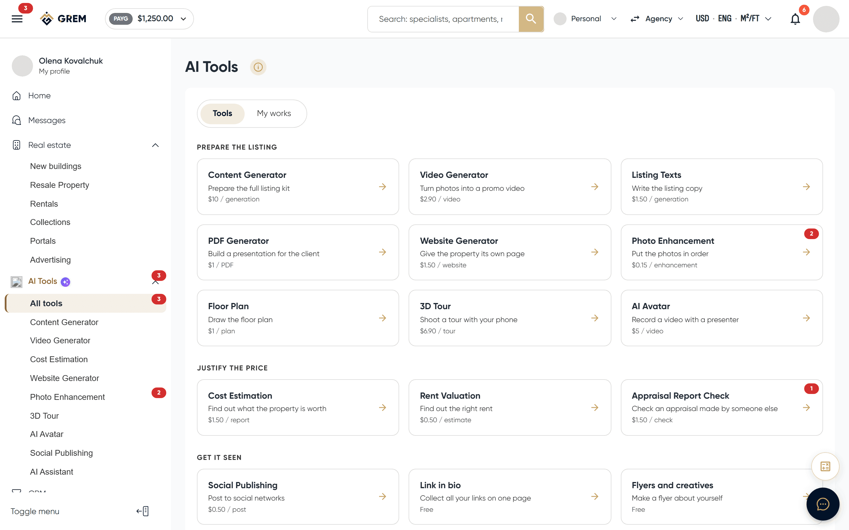 The AI services page
