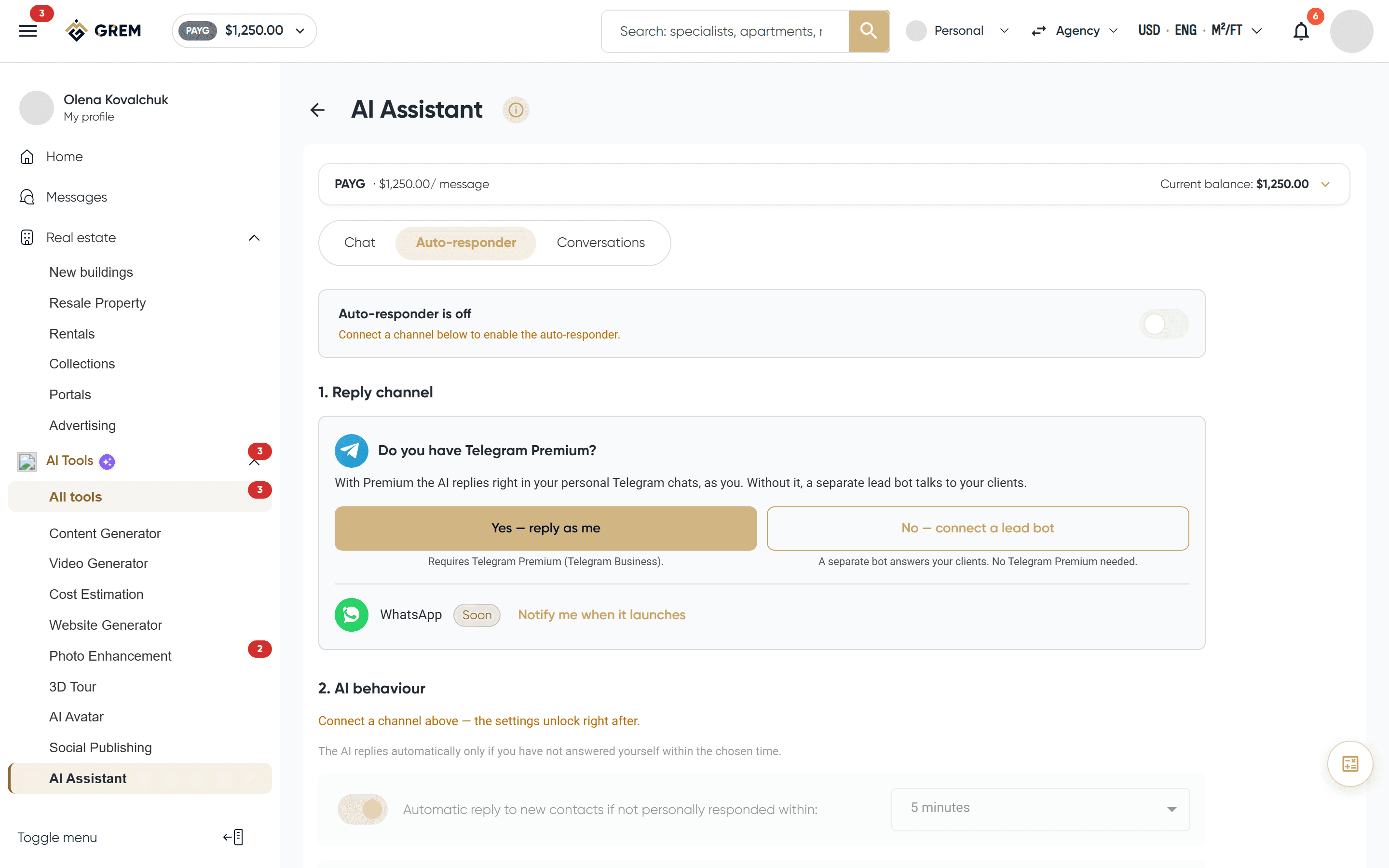 Auto-responder tab inside the AI chat assistant
