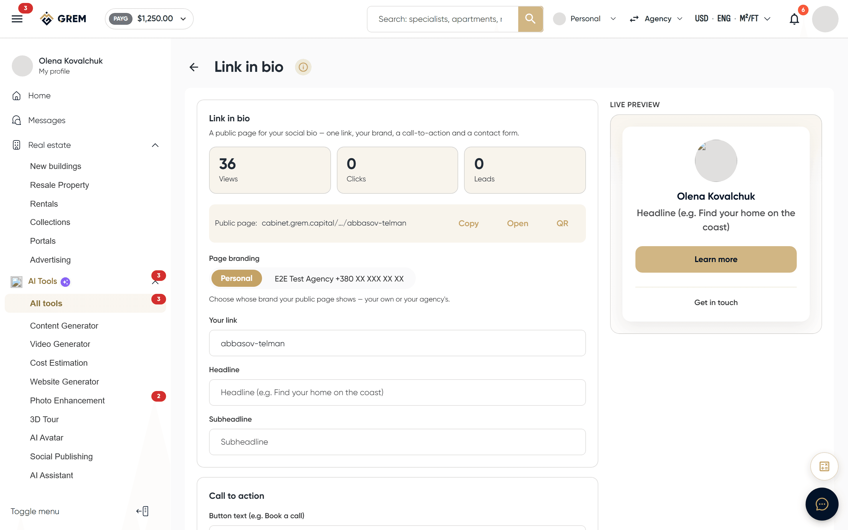 The bio page settings and preview