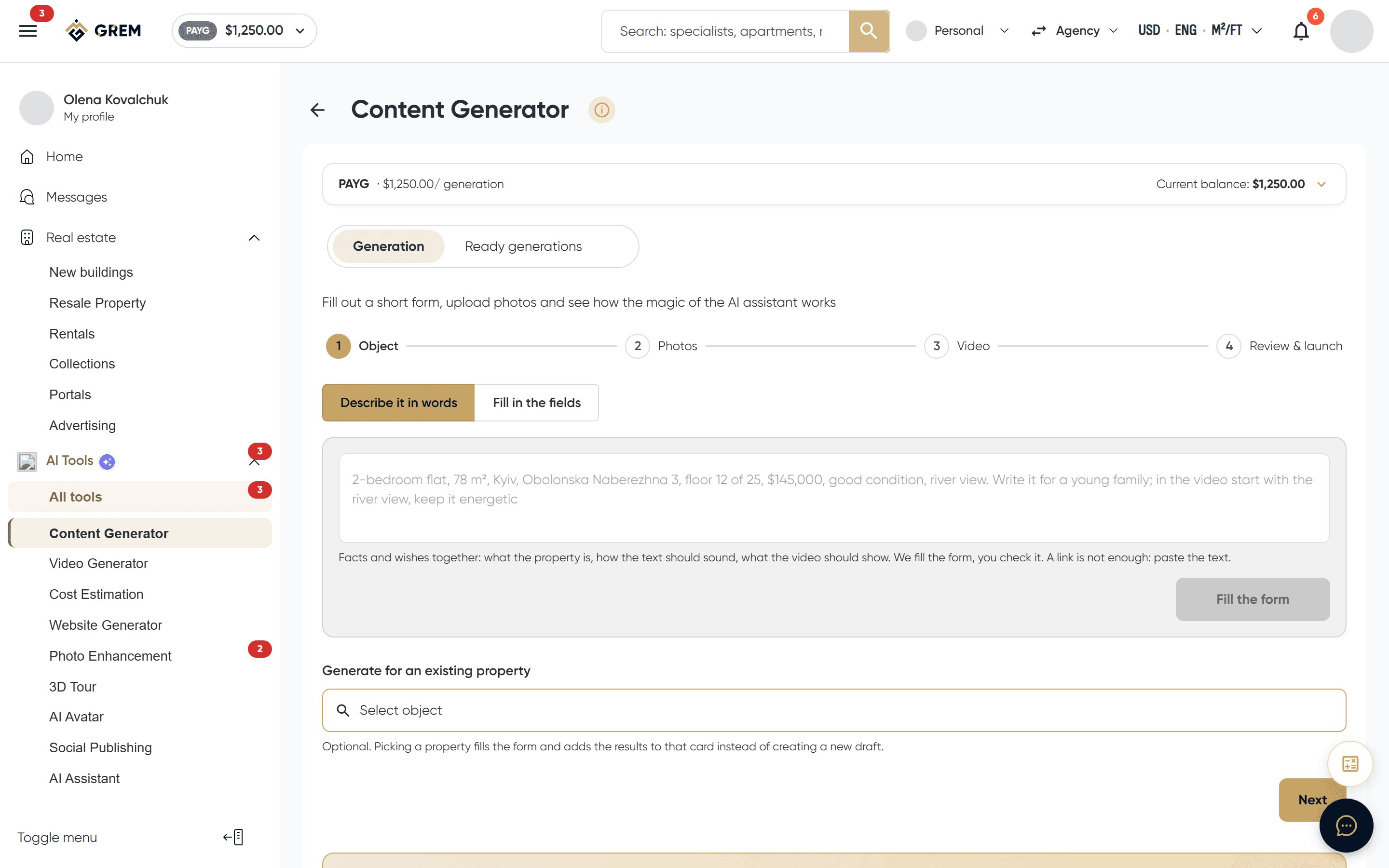Content generation form for a property