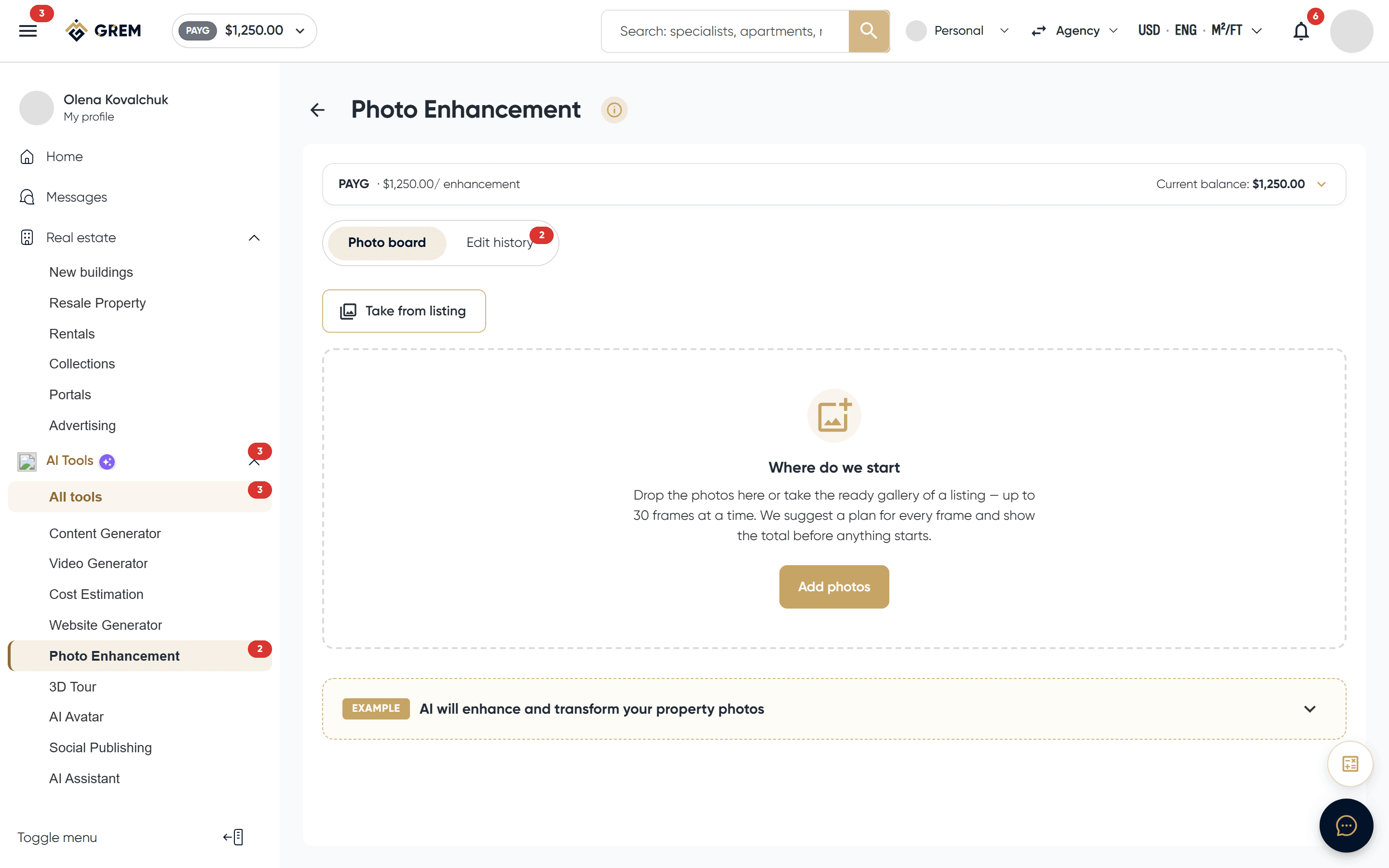 Uploading a photo for AI enhancement