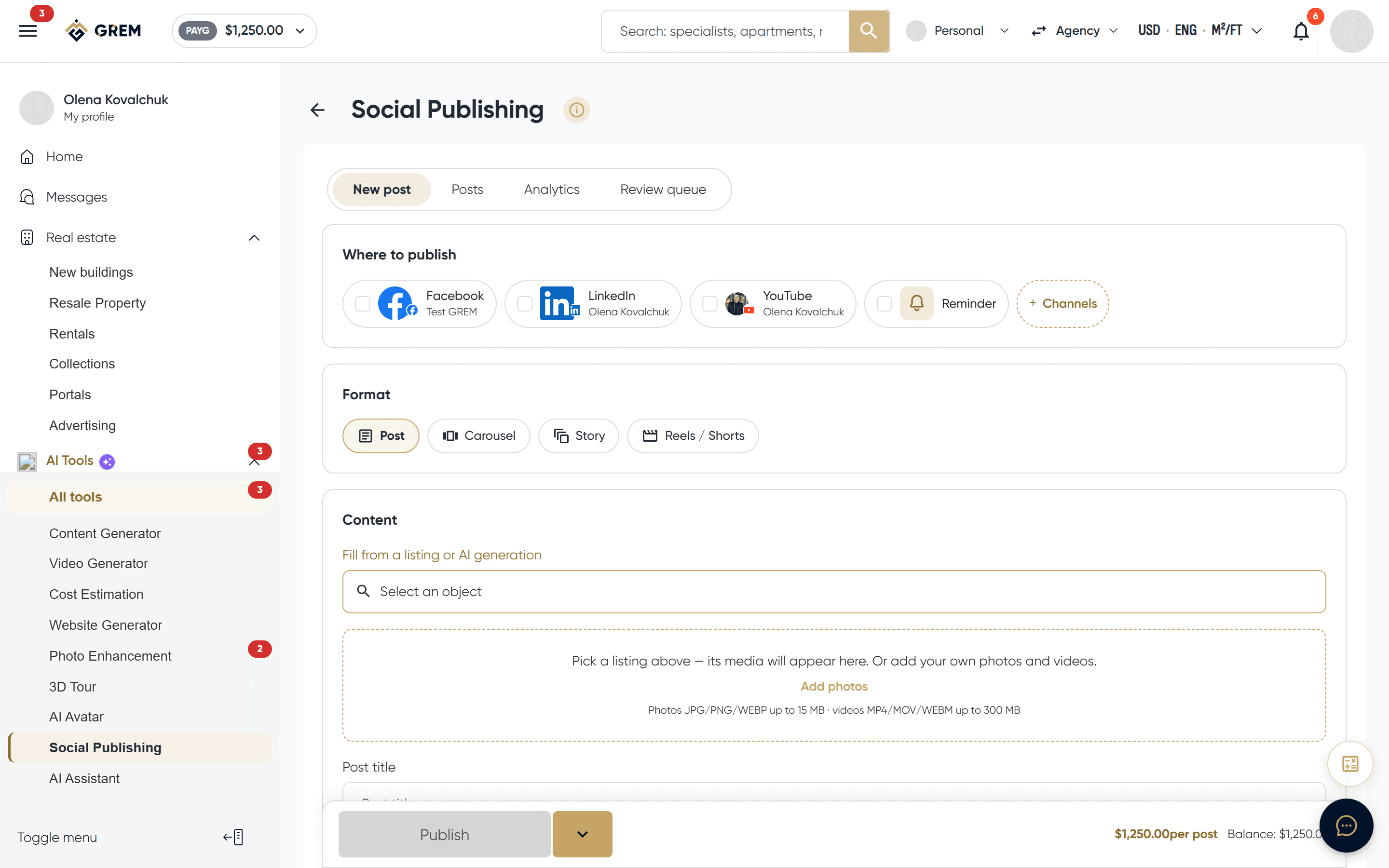 Publish a listing to social media page