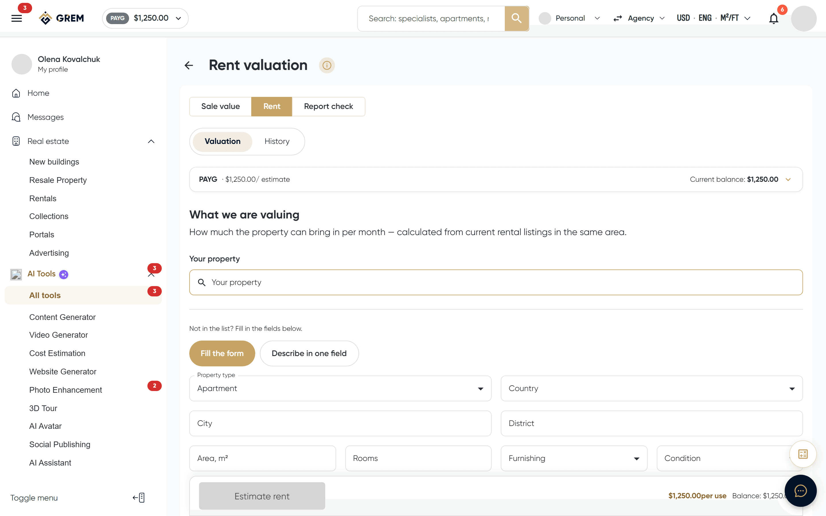 The rent valuation tool