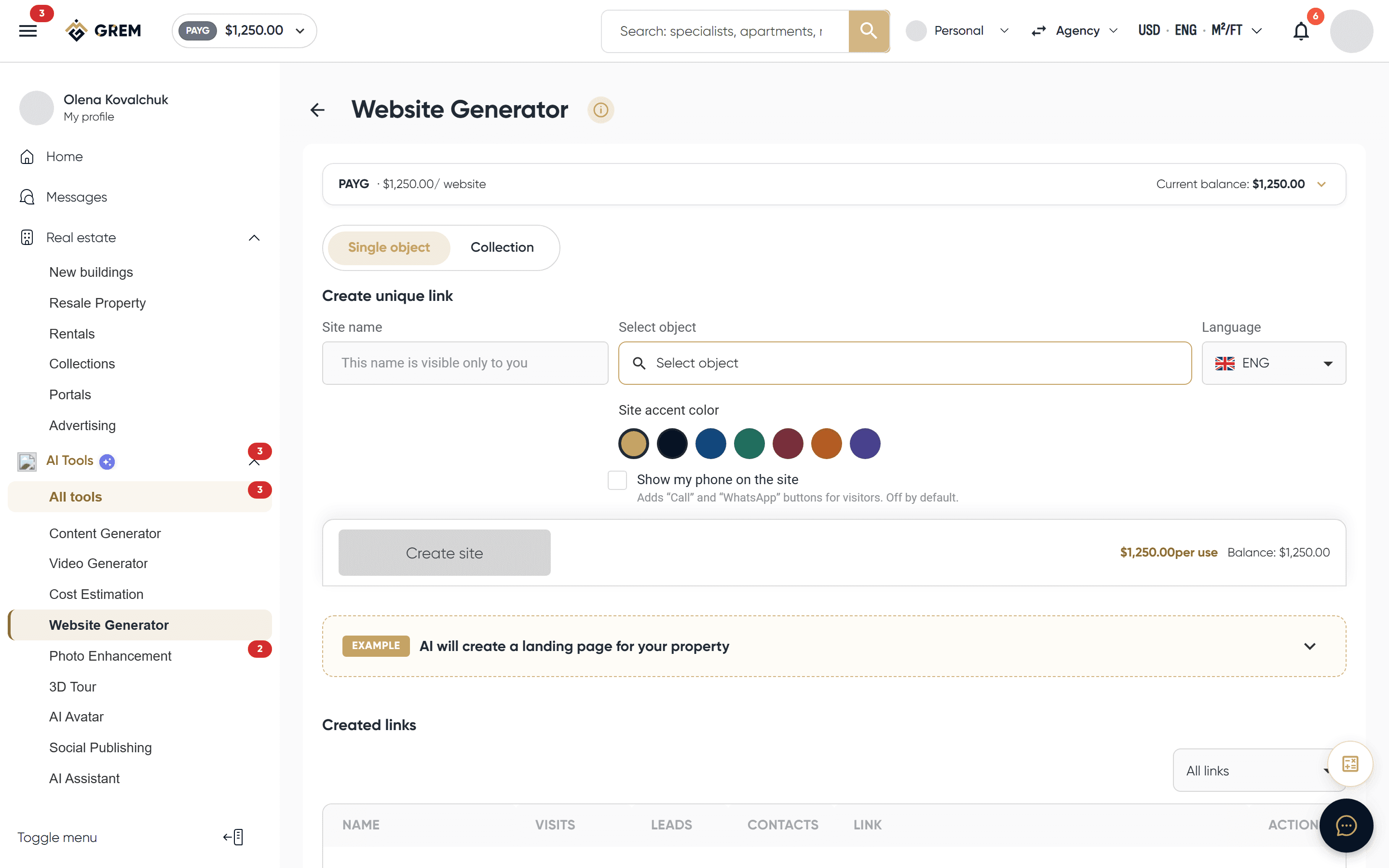 Property site generation settings