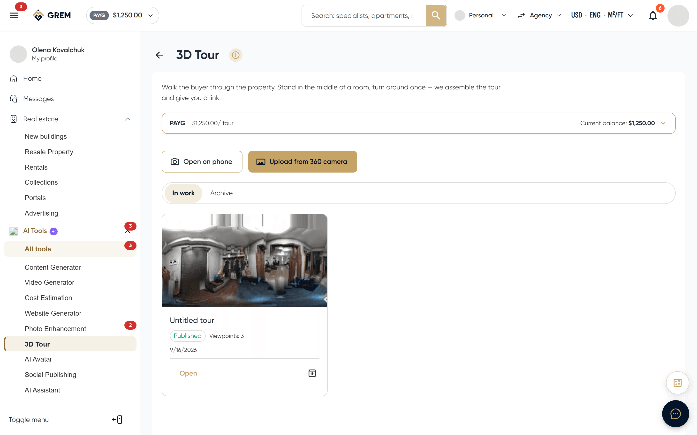 The 3D tour page: phone capture, panorama upload and the list of tours