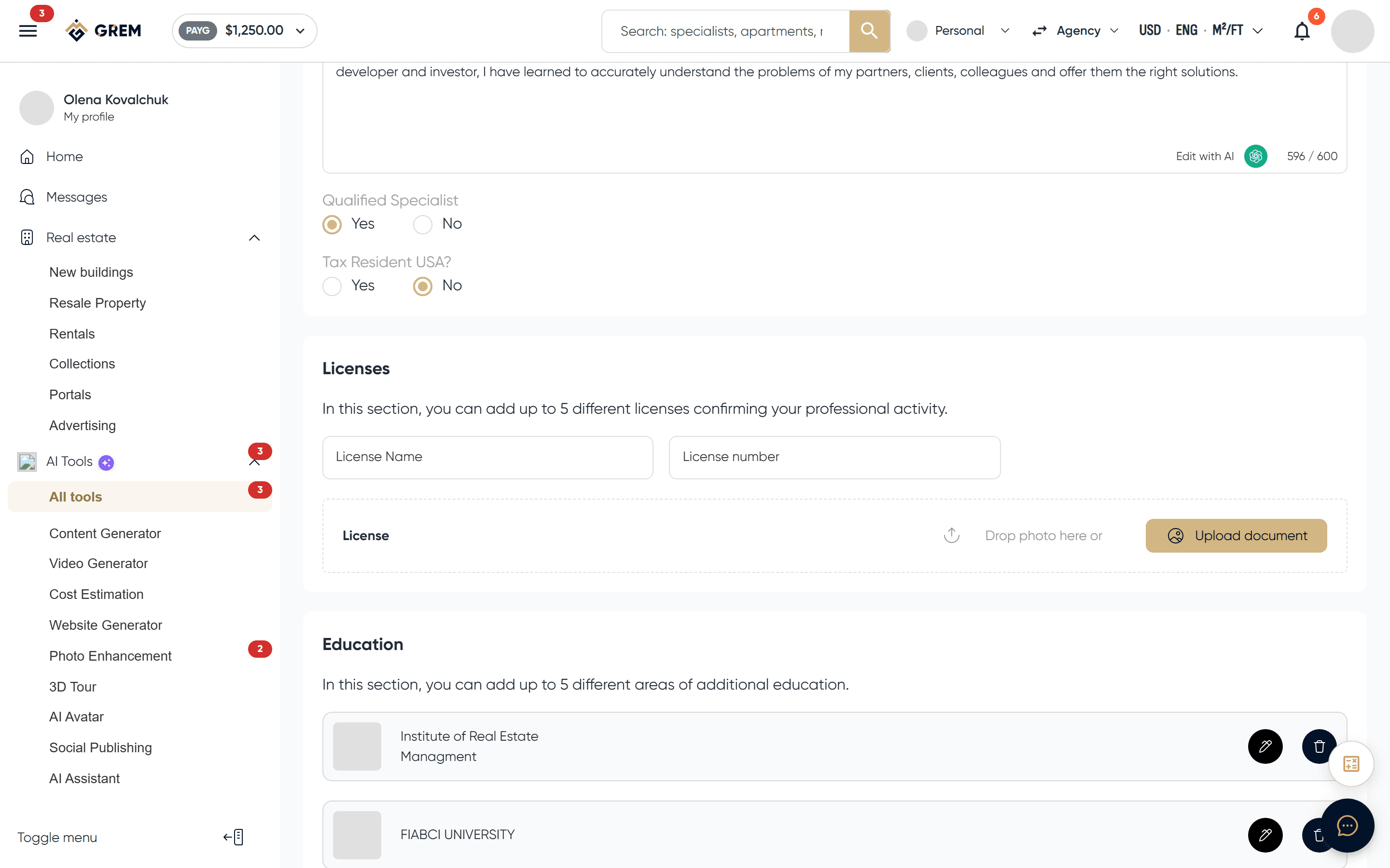 Agent profile creation form