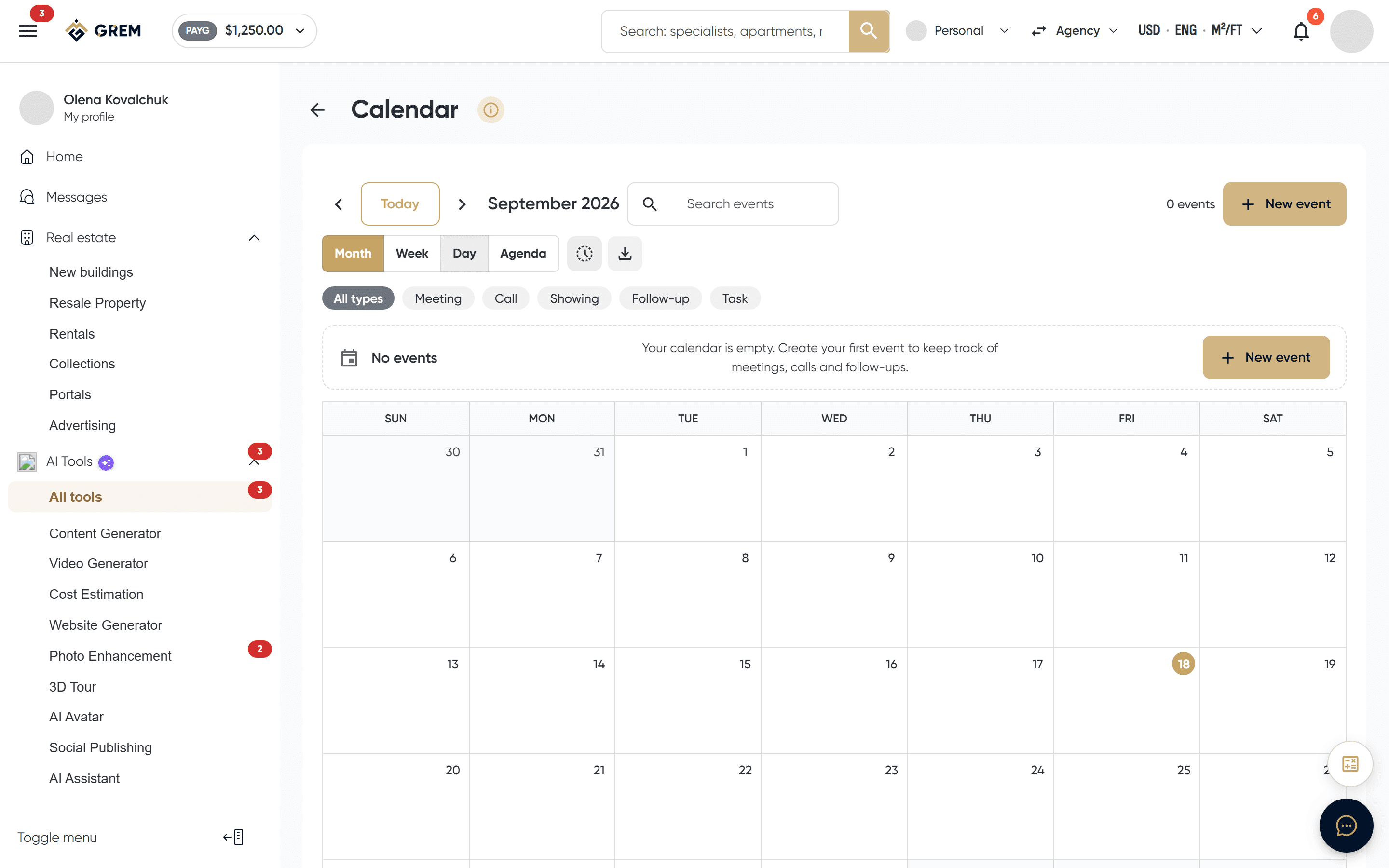 The broker calendar with events