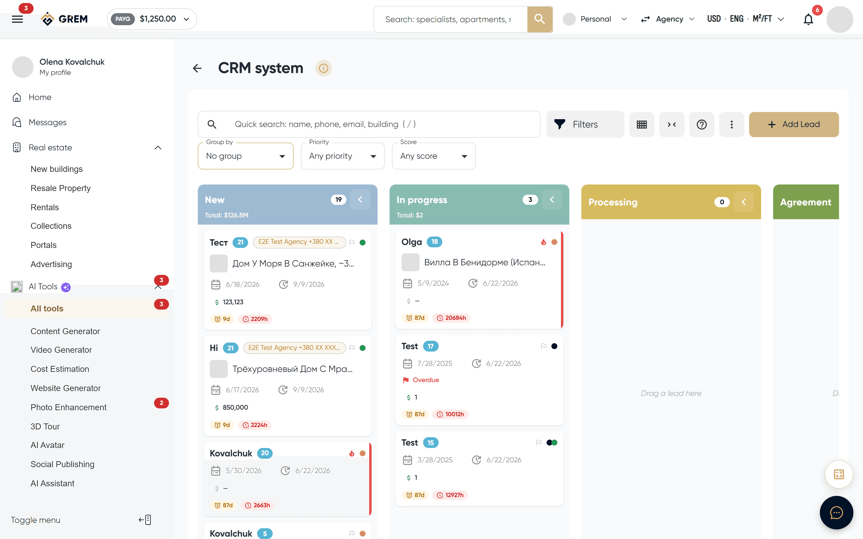 CRM system dashboard