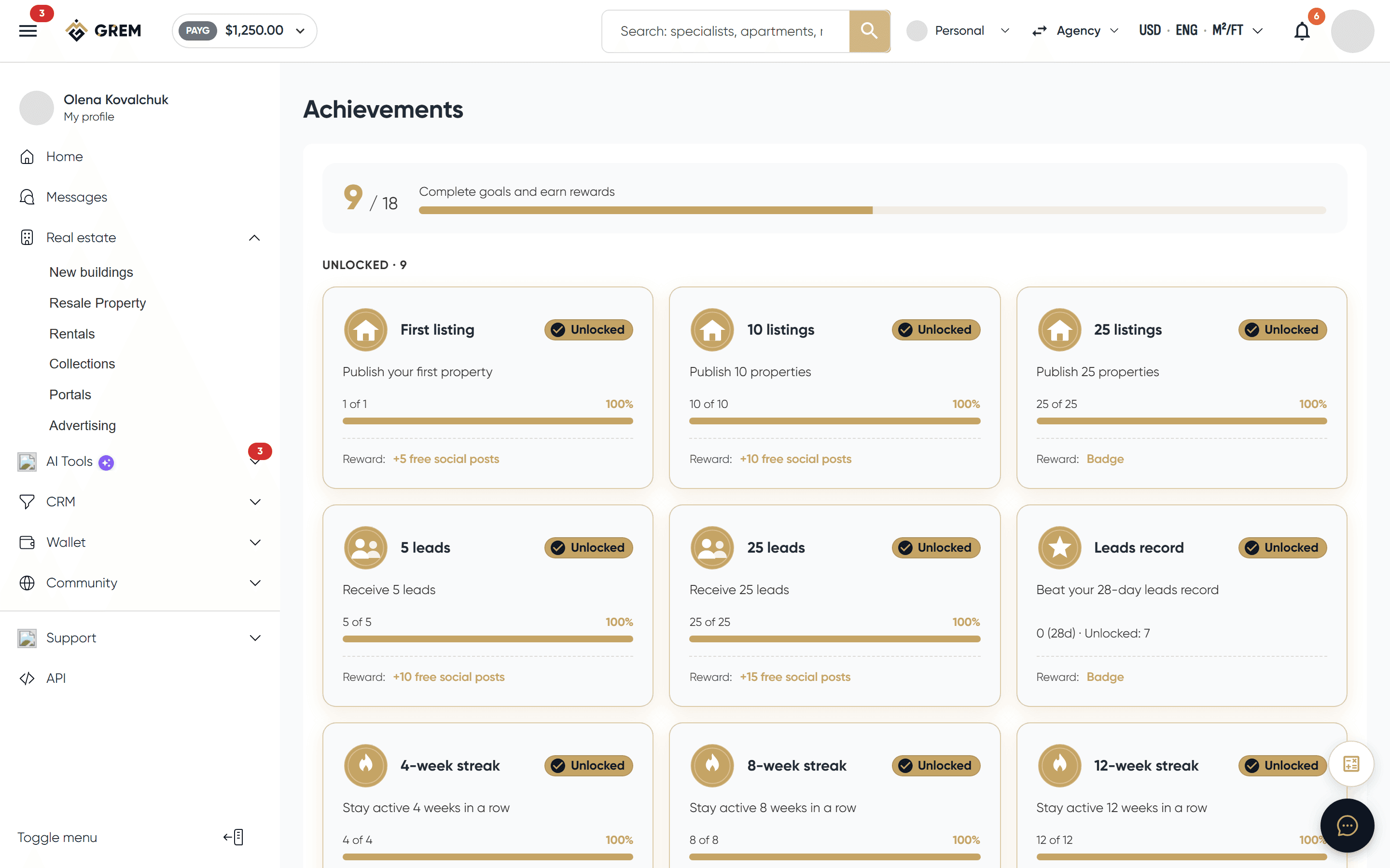 The achievements page with progress and rewards