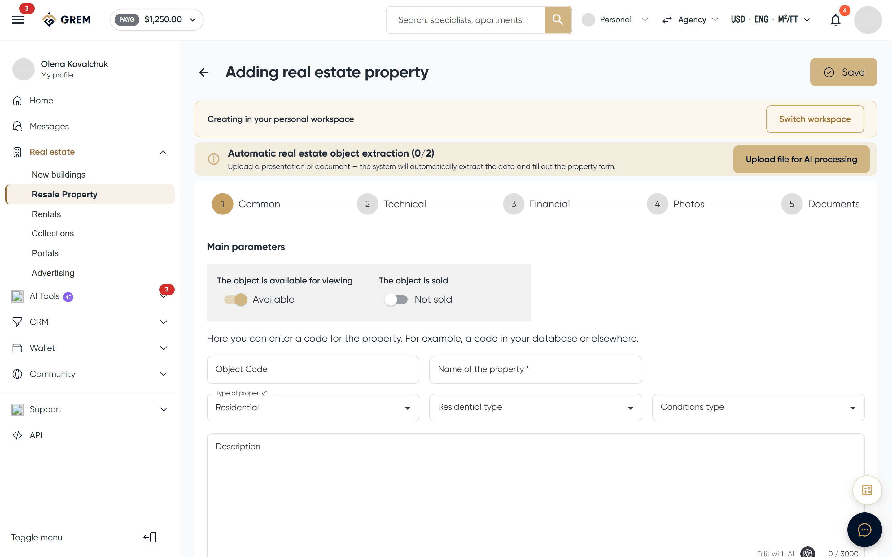 First step of property creation