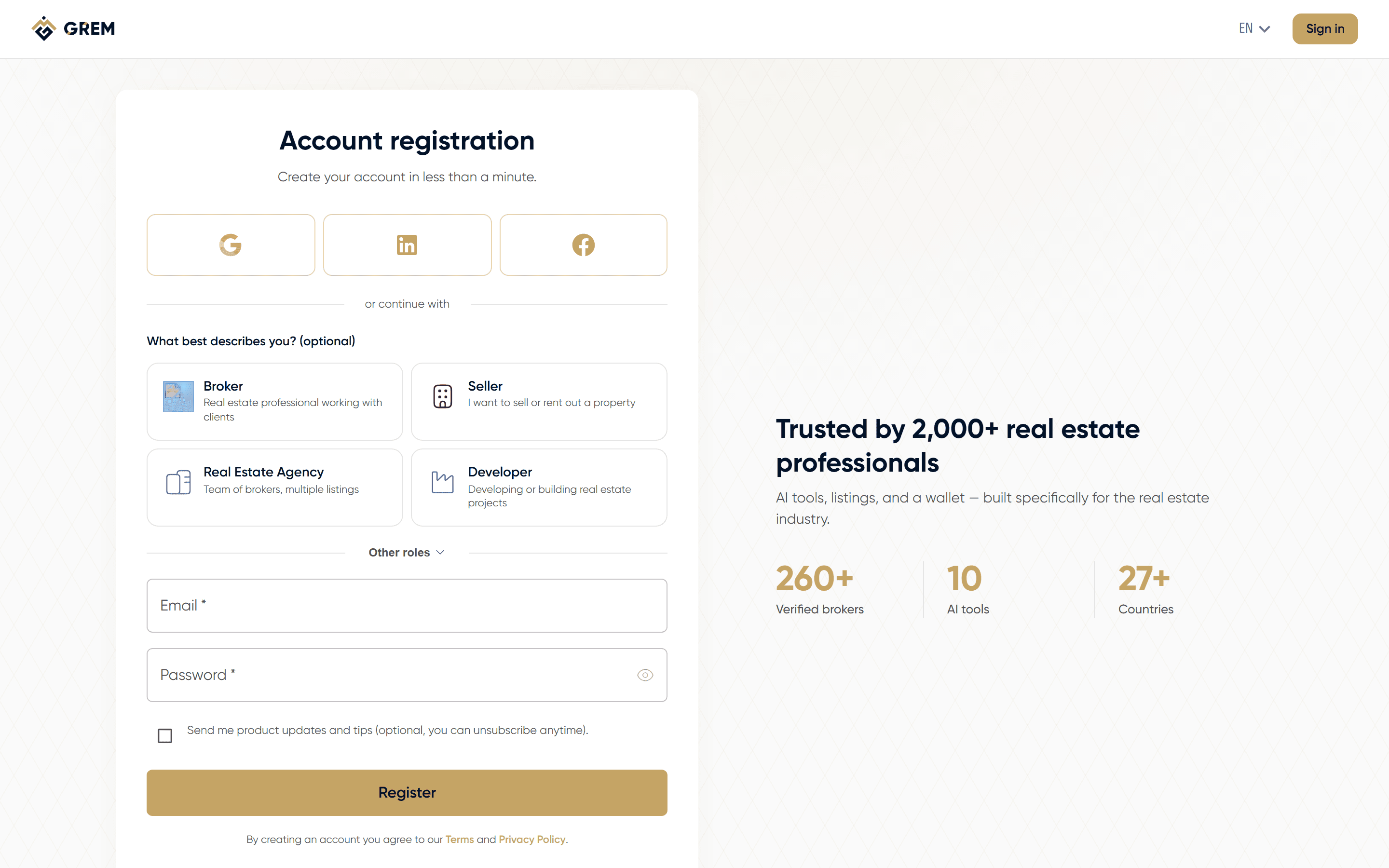 New account registration form