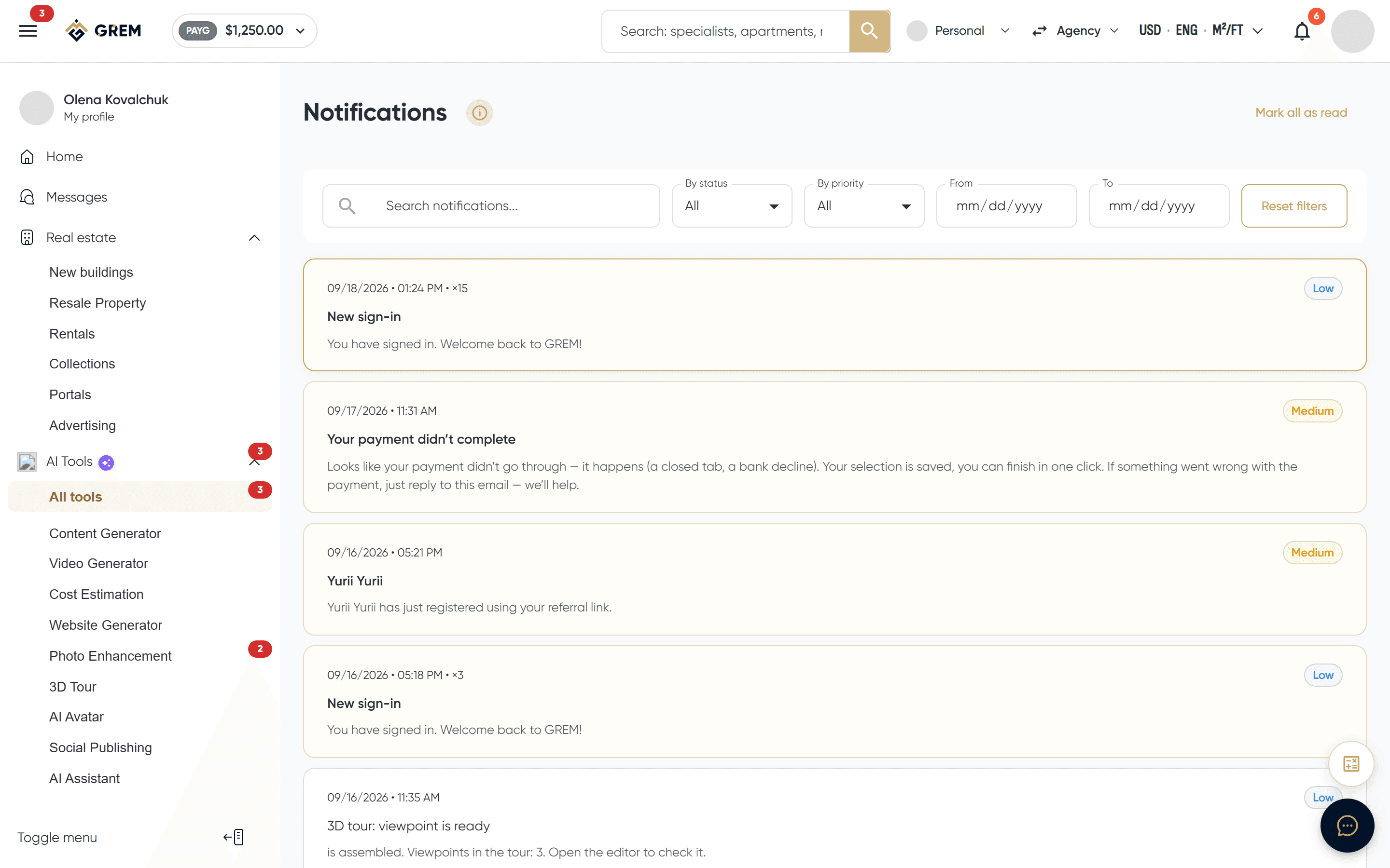User notifications panel