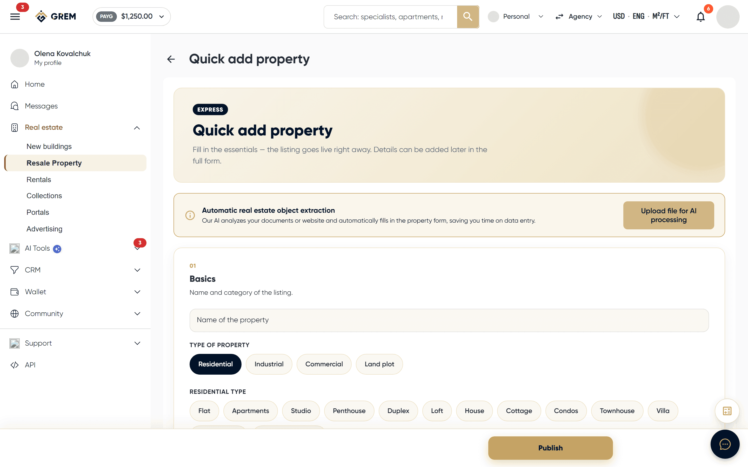 Selecting property type during creation