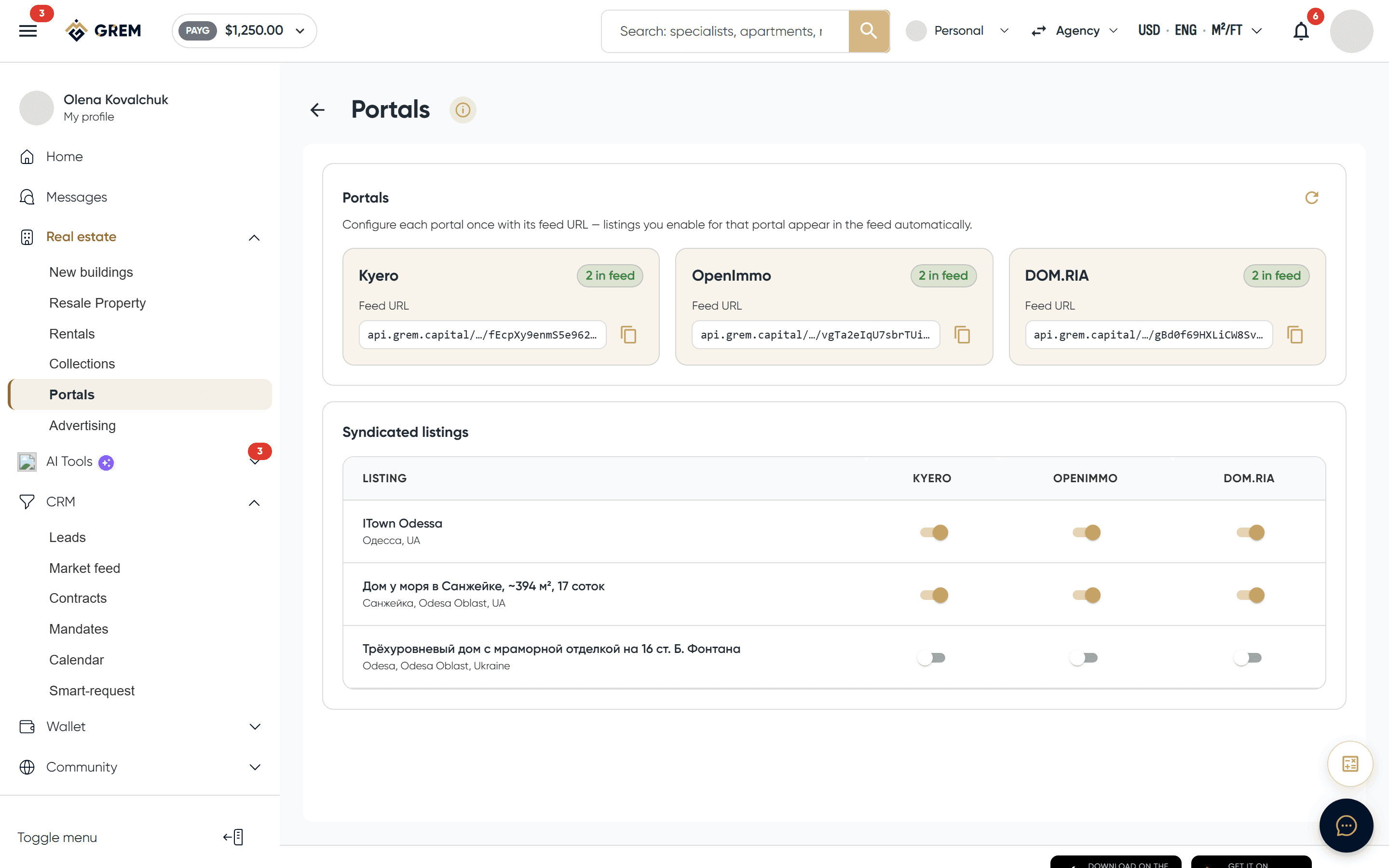 The Portals section with feed cards and the listings table