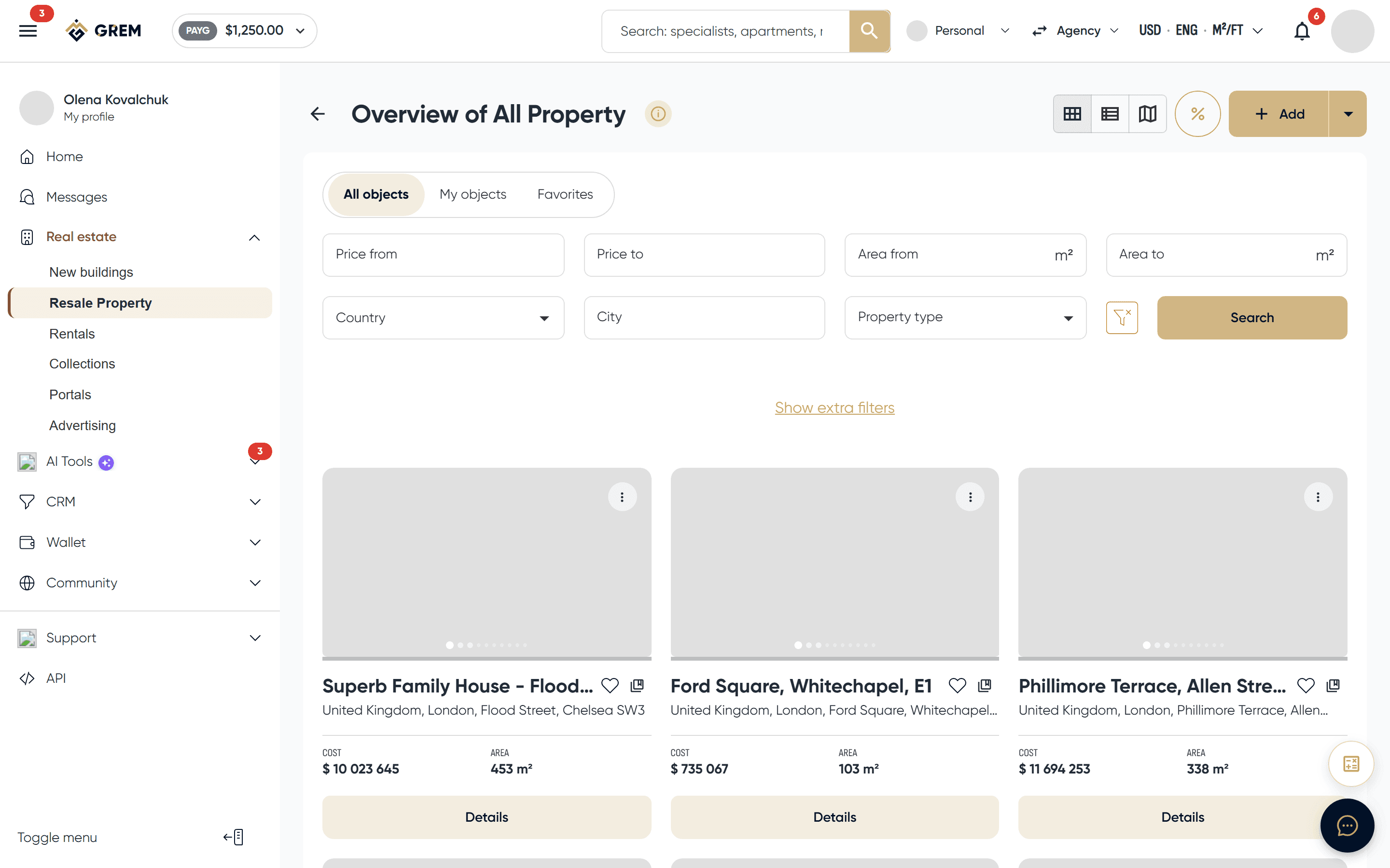 User's property listing view