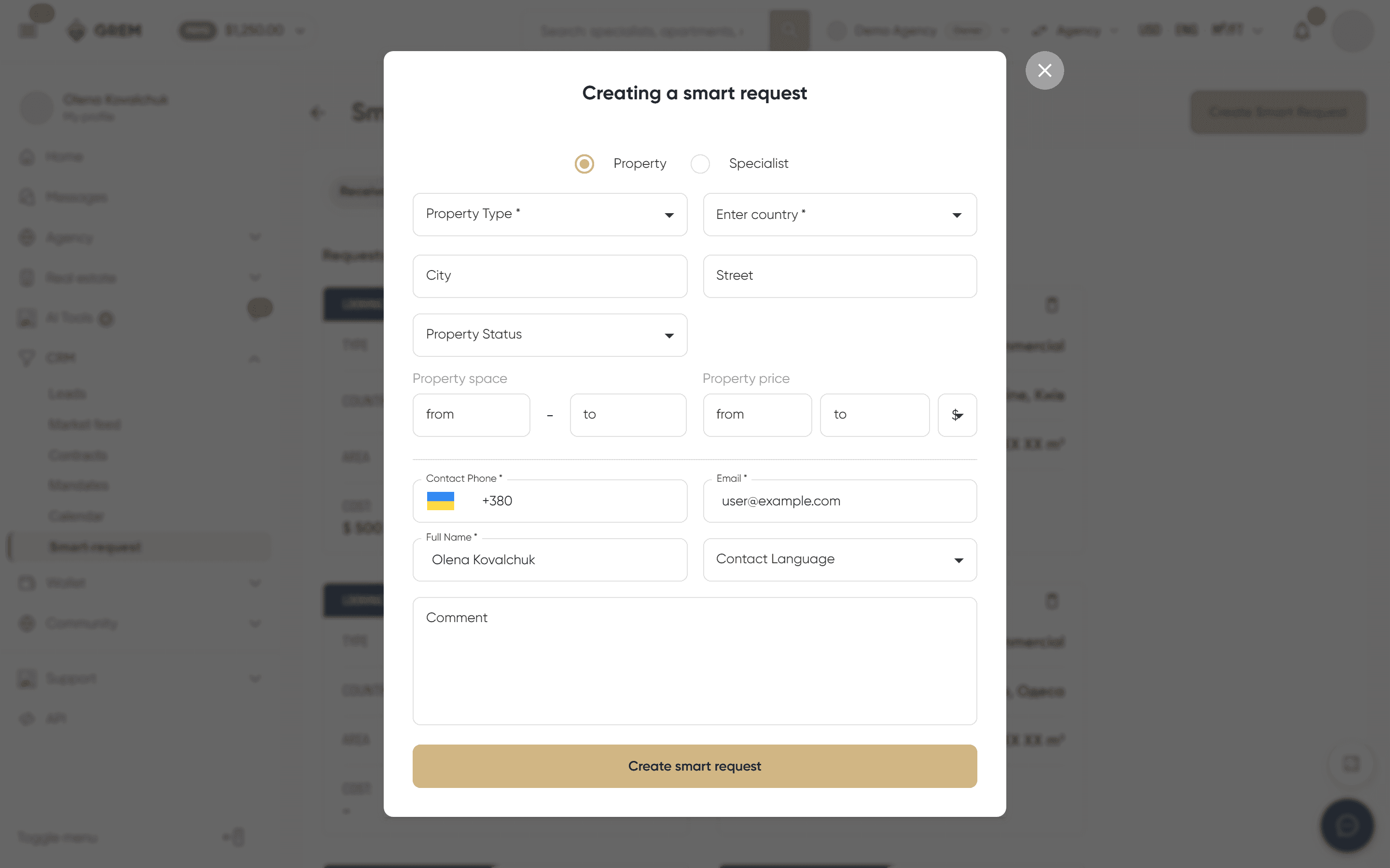 The window for creating a smart request