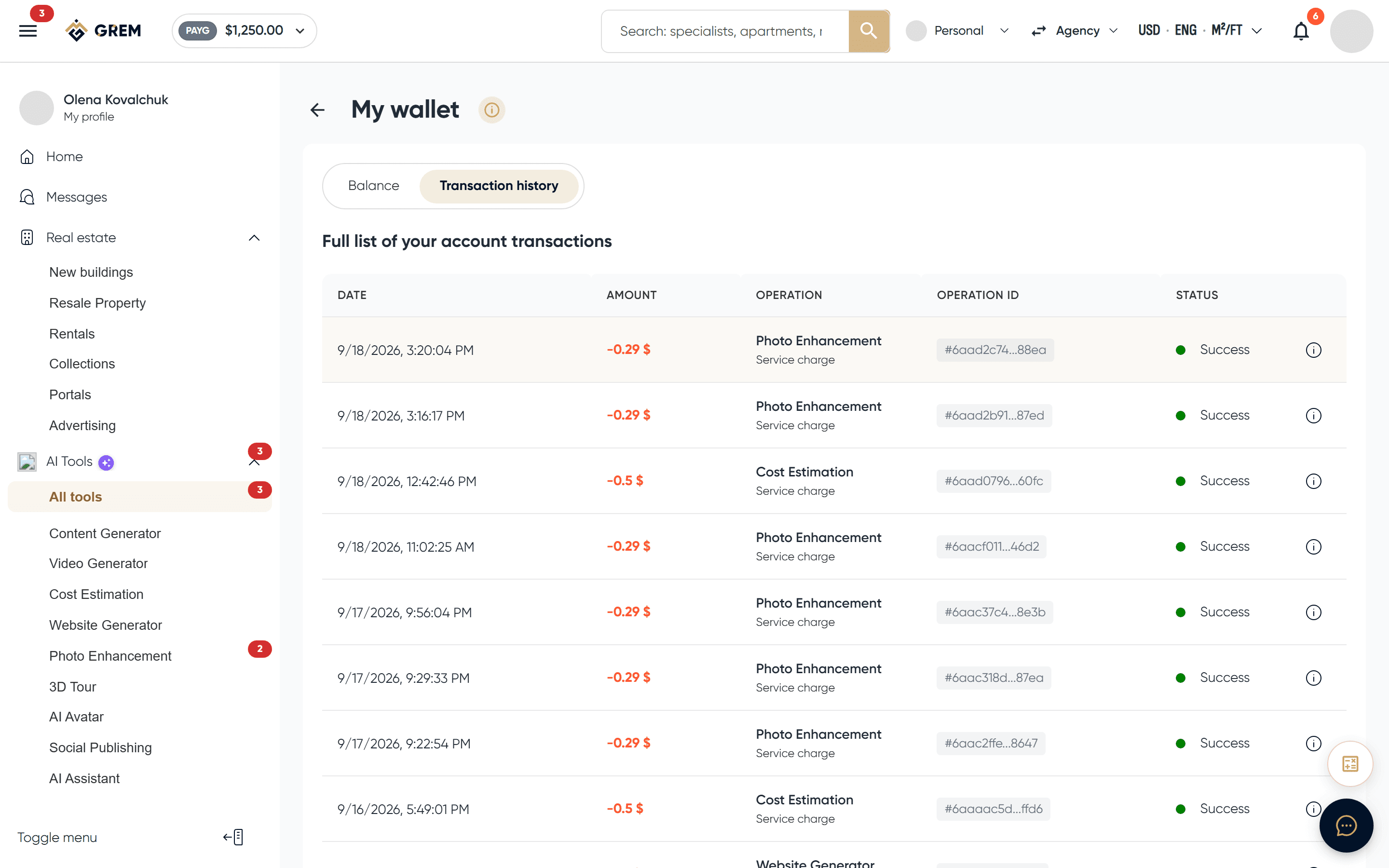 Wallet transaction history