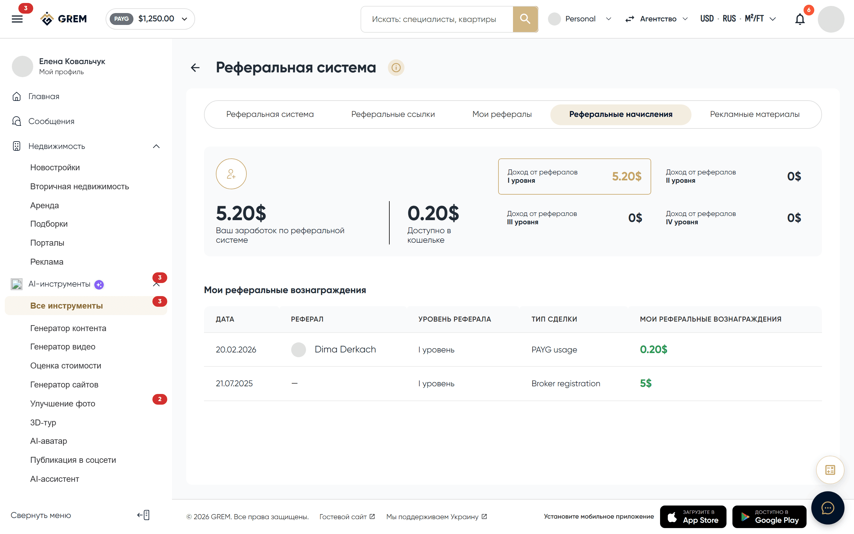 Таблица начисленных реферальных вознаграждений