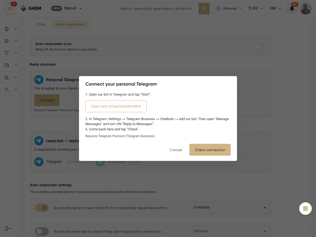 Вікно підключення особистого Telegram
